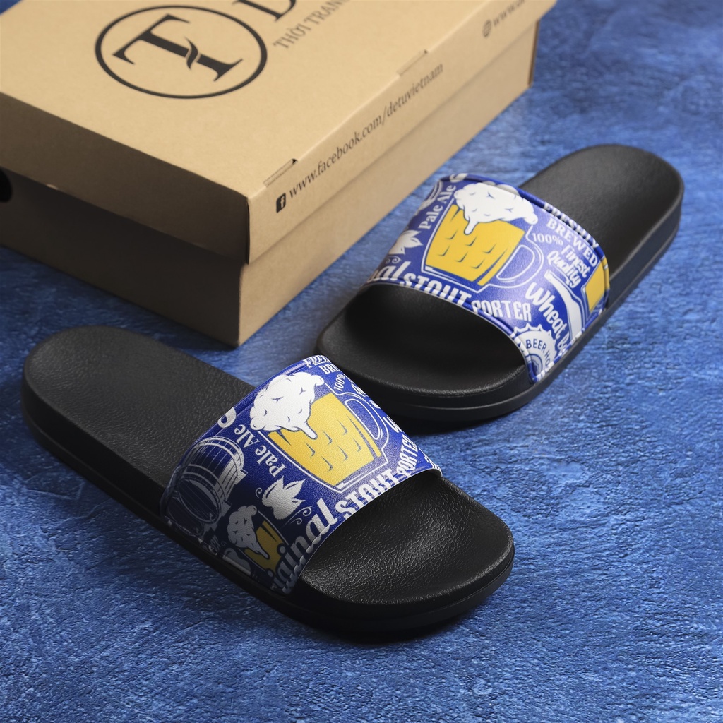 Dép Quai Ngang Unisex DETU DNT19 hình ly Bia (Đen/Xanh)