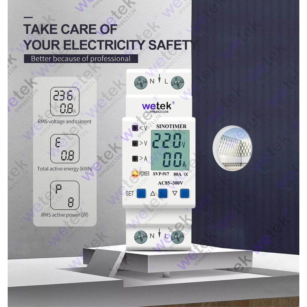 SVP-917 Công tơ kiêm bảo vệ điện áp, dòng điện, LCD, 9999.9kWh , 85~300Vac, 1~80A, đo V A kWh kW, Sinotimer