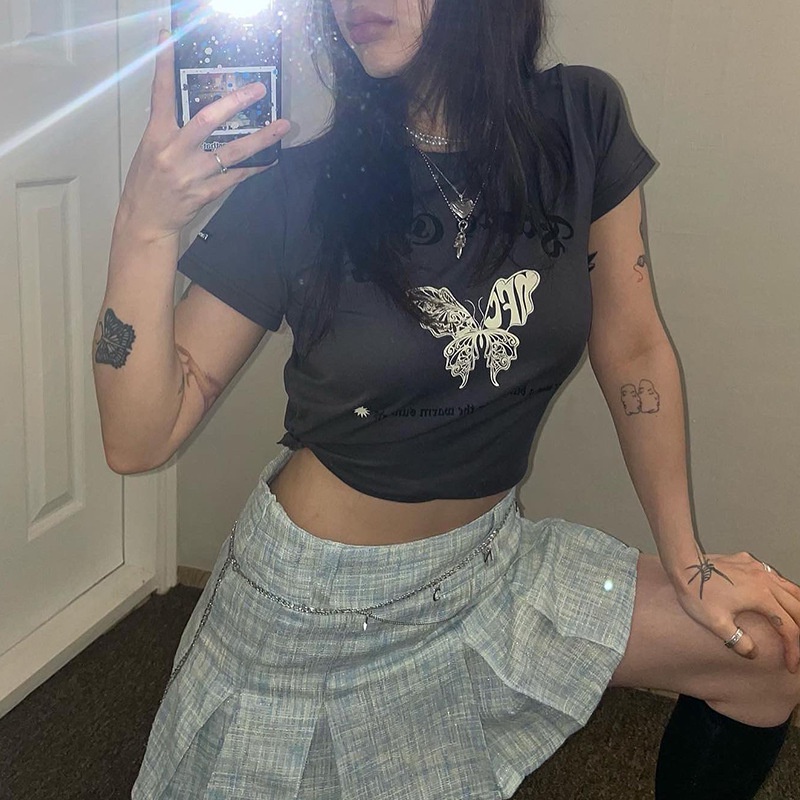 DUNEA Áo Thun Nữ Ngắn Tay Cổ Tròn In Hình Bướm Thời Trang