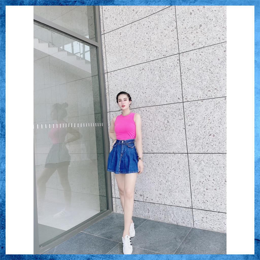 Quần váy jeans, quần bò giả váy dáng xòe, lưng cao túi nắp 1 khuy điệu đà sang chảnh V2115