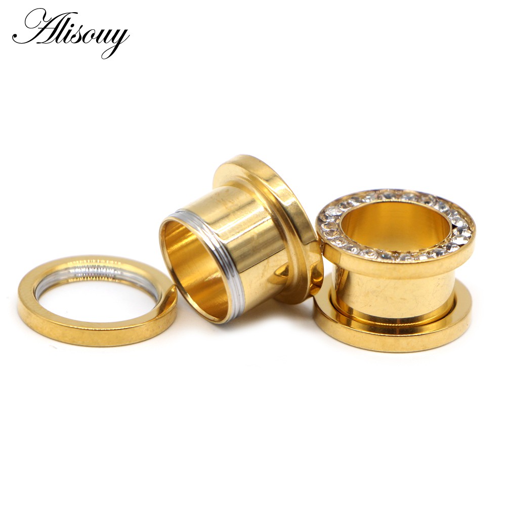 Alisouy 1 Cặp Nút Bịt Lỗ Tai 3~20mm Màu Vàng Pha Lê