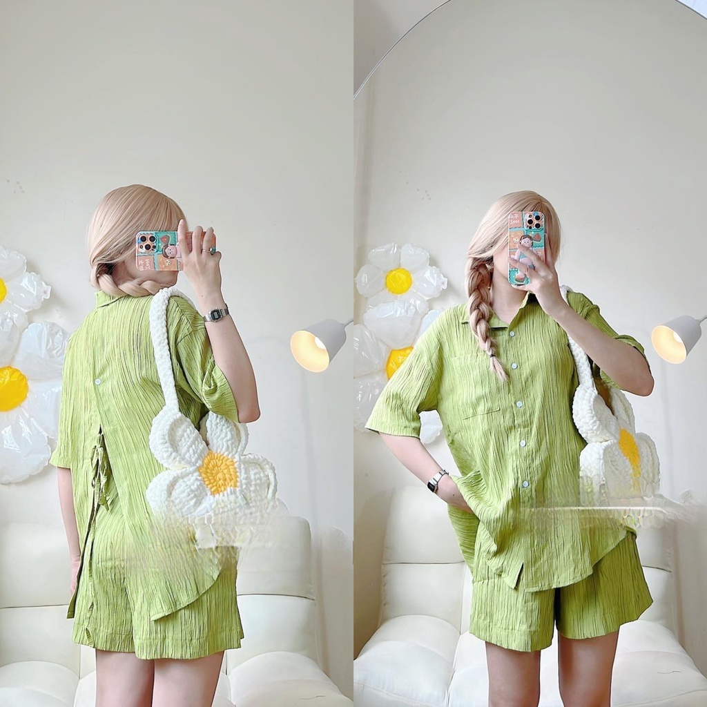 Sét Bộ Đũi Gân sước Buộc Nơ Lưng- đồ bộ áo sơ mi cộc tay lỡ phối cúc quần short lưng cao màu xanh cốm phong cách ulzzang