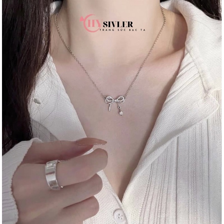 Dây chuyền bạc ta nơ kép nạm đá đính đá rơi nữ tính dây chuyền nữ bạc thật