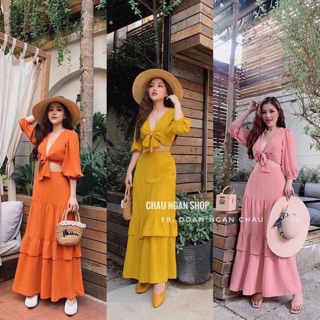 Set áo tay loe cột nơ ngực + chân váy maxi