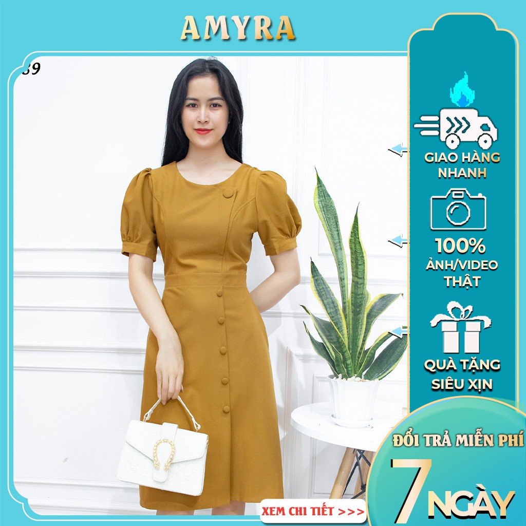 Đầm công sở thiết kế kiểu nút bộc chất cotton lạnh tay phồng ☘ Váy nữ dự tiệc sang trong - Da089