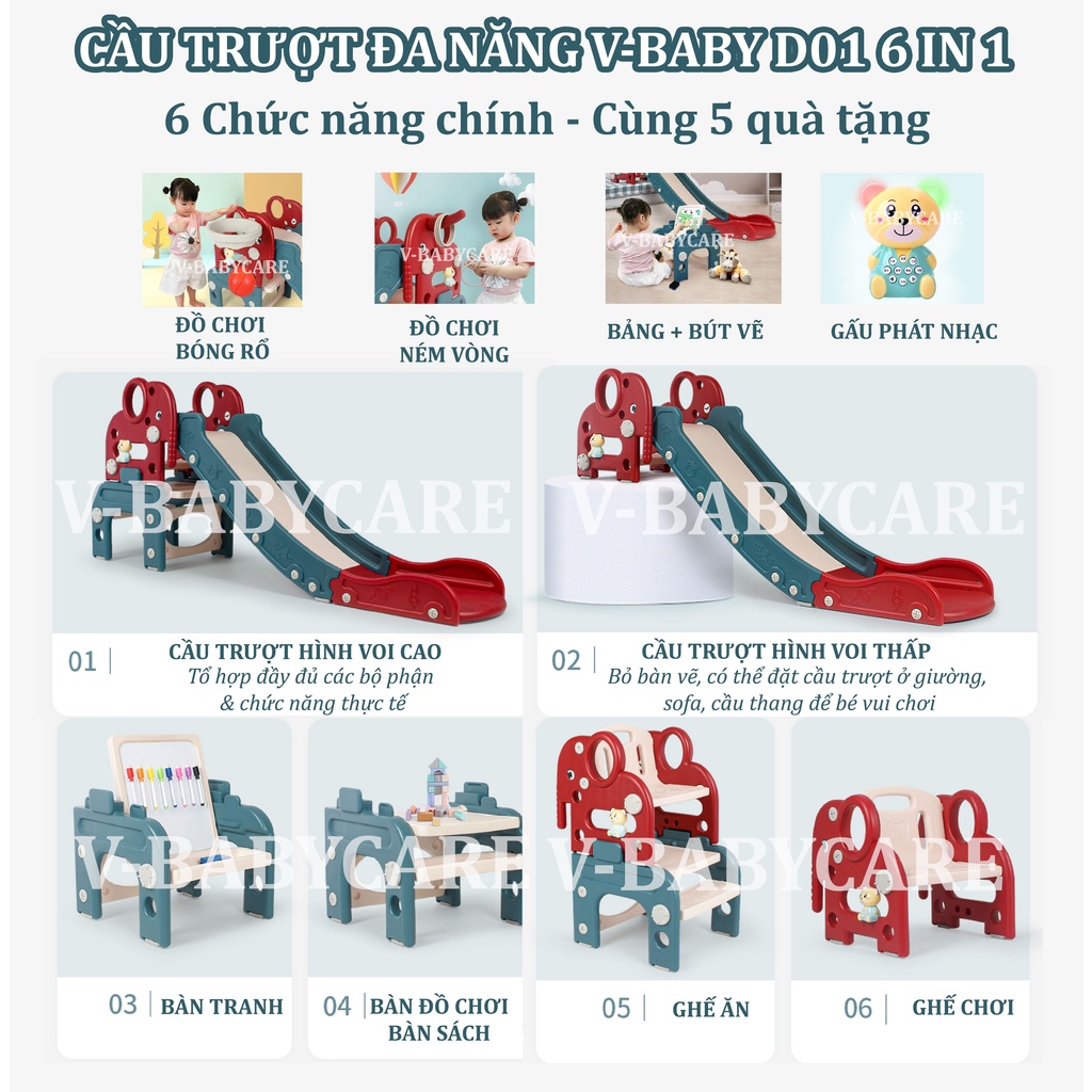 Cầu Trượt Cho Bé Hình Chú Voi V-Baby D01 Đa Năng 6in1 Hàng Cao Cấp