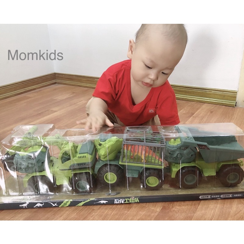 Set 3 xe đồ chơi khủng long cho bé gồm xe cẩu khủng long, xe trở thú và xe ben