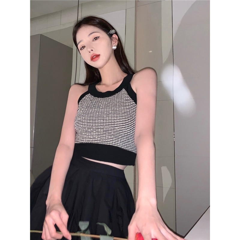 Áo Dệt Kim Hai Dây Dáng Ngắn Màu Sắc Tương Phản Phong Cách retro Hàn Quốc Thời Trang Cho Nữ