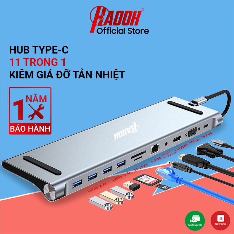 Hub Type C 11in1 - Bộ cổng chuyển đổi HUB USB Type-C to HDMI, VGA, USB 3.0, SD, TF, PD, LAN, Audio cho Laptop, Macbook