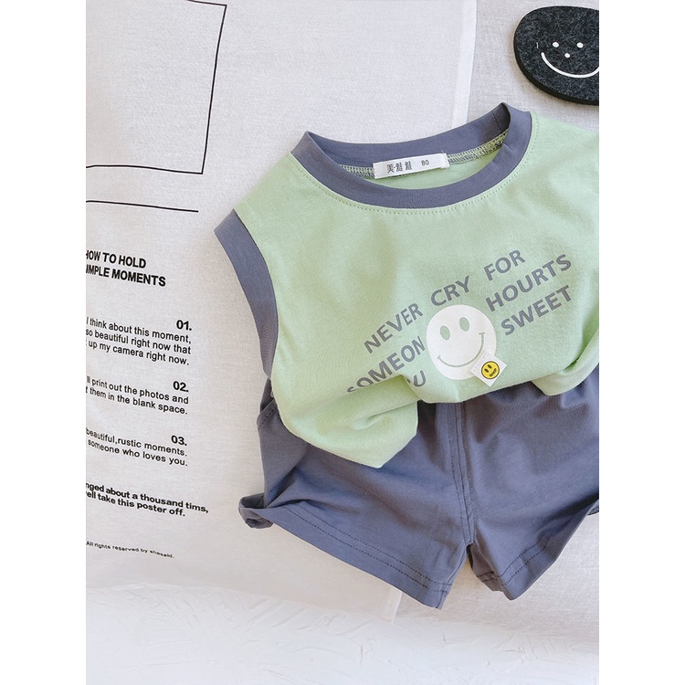 Set Áo Thun Ba Lỗ 100% Cotton Và Quần Short Thoáng Khí In Hình Mặt Cười Thời Trang Mùa Hè Cho Bé