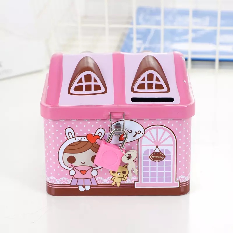 Ống Heo Két Sắt Tiết Kiệm Mini Cho Bé Hình Ngôi Nhà Kèm Ổ Khóa Nhỏ Chất Liệu Hợp Kim