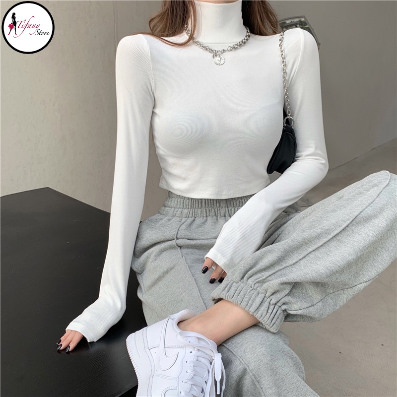 Áo Croptop Cổ Lọ Dài Tay Bigsize Dưới 80Kg Chất Thun Co Dãn 4 Chiều Mùa Trắng Freesize  "CROP CL"