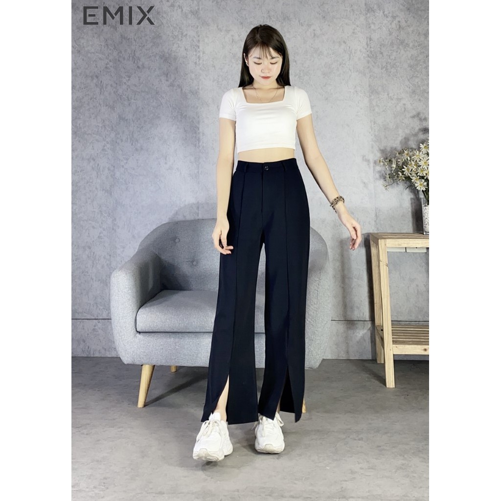 Quần tây nữ ống suông xẻ chân EMIX (màu đen), dáng dài 100cm, cạp cao, khóa giữa, chất tuyết mưa mềm mịn Q190