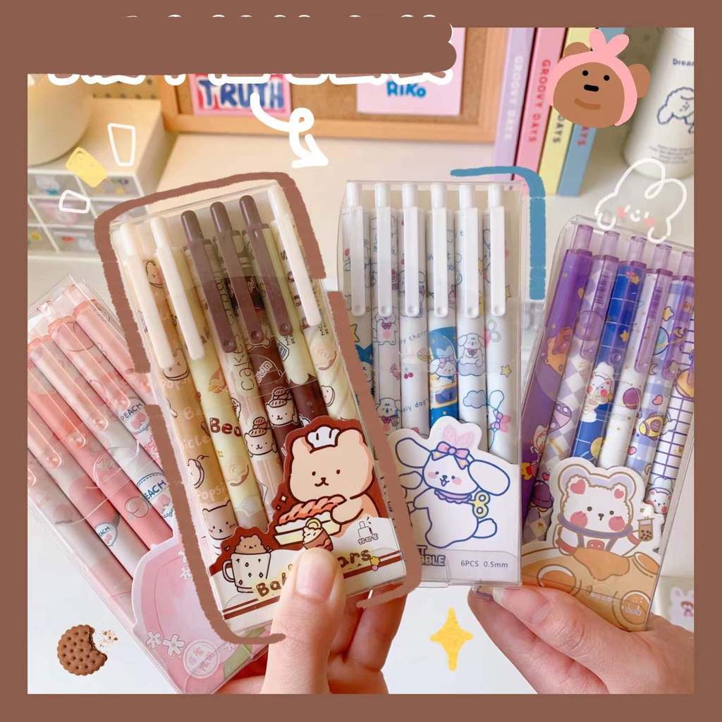 [19 MẪU] Set 6 Bút Mực Đen Ngòi 0.5mm Theo Bộ Nhiều Mẫu