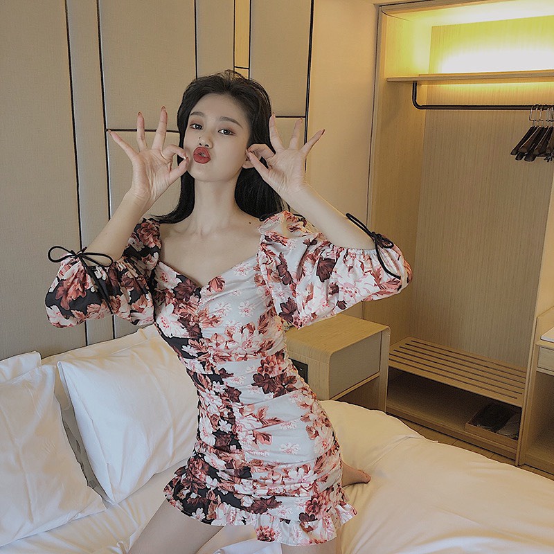 Đầm nữ hoa nhí nhúng tay dài dáng ôm Emilyshop