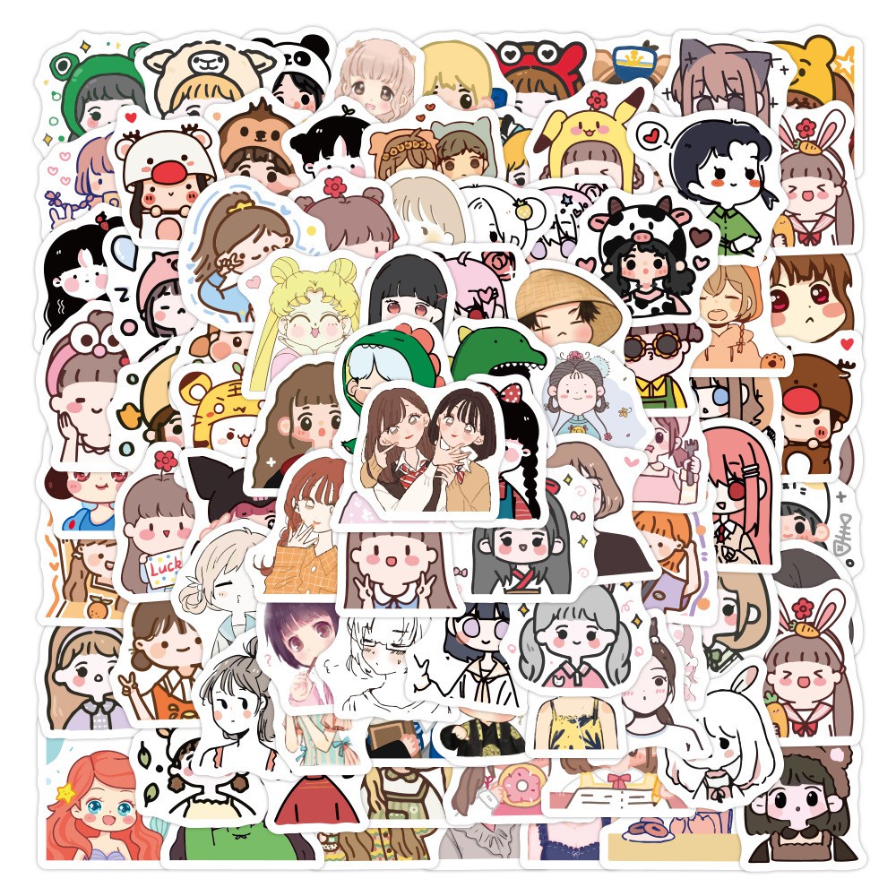 Set 100 chiếc sticker chống thấm nước gấu dễ thương đồ ăn nữ sinh chibi dán vali, laptop, nón bảo hiểm