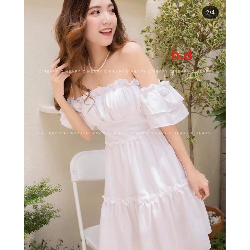 [RẺ VÔ ĐỊCH] Váy trễ vai cộc tay ba tầng - Đầm công chúa siêu hot