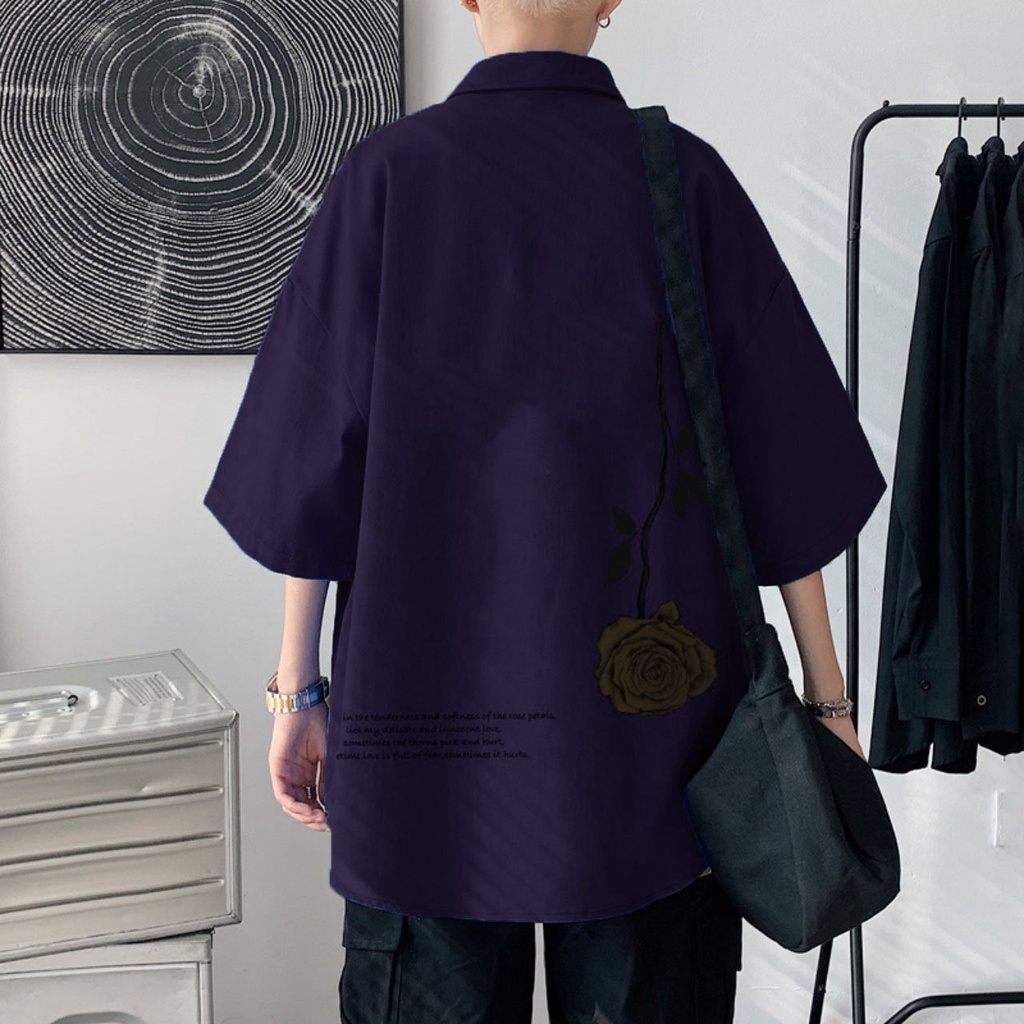 Sơ mi from rộng tay lỡ unisex nam nữ , sơ mi nam nữ vải voan lụa mịn mát free size 40kg - 70kg in hoa hông ngược