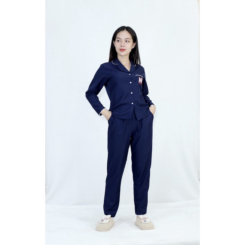 Bộ đồ bộ Pijama màu XANH ĐEN NKK tay dài quần dài lụa Pháp - Thoải Mái Nhẹ Nhàng