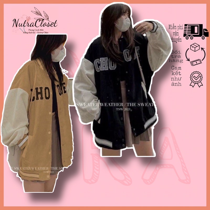 Áo khoác bomber kaki nhung gân thêu unisex ulzzang nam nữ