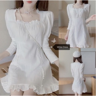 Đầm trắng dài tay dáng ngắn cổ vuông Ulzzang HQ kèm ảnh thật 🌨