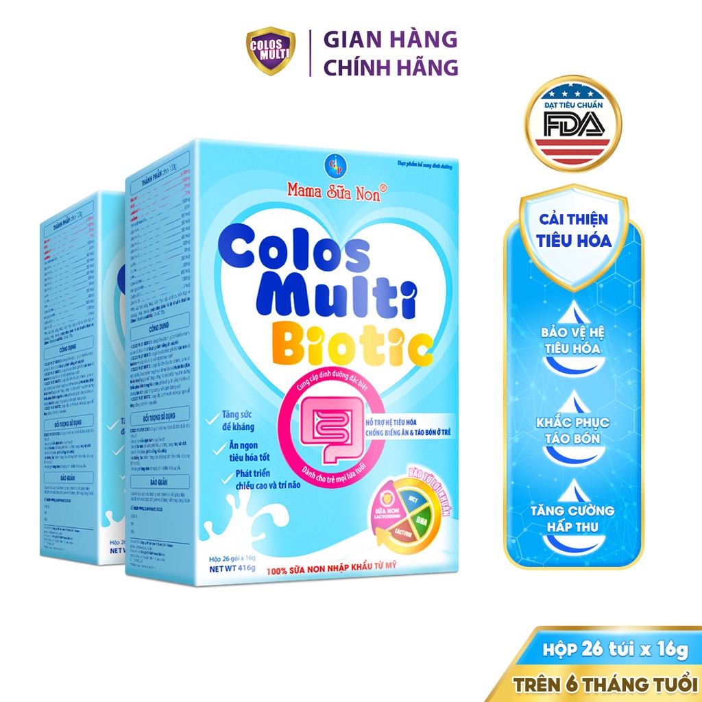 [COLOS03  -10% đơn 600K]Combo 2 hộp sữa non Colosmulti Biotic hộp 26 gói x 16g chuyên biệt cho trẻ táo bón, tiêu hóa kém