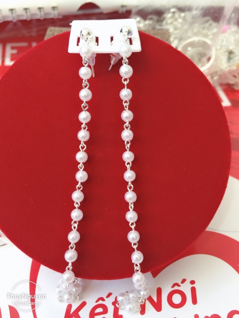 Khuyên tai dài dự tiệc treo hạt 3-4li bạc ta độ dài 12cm