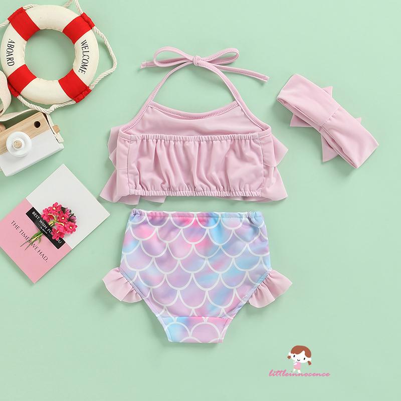 Bộ đồ bơi bikini gồm áo yếm màu trơn nhún bèo và quần tiên cá kèm băng đô cho bé gái sơ sinh XZQ7