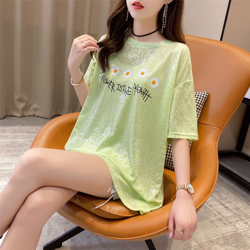 Ice silk loose short sleeve T-shirt 2022 summer new Korean fashion print Little Daisy half sleeve top women's ins fashion