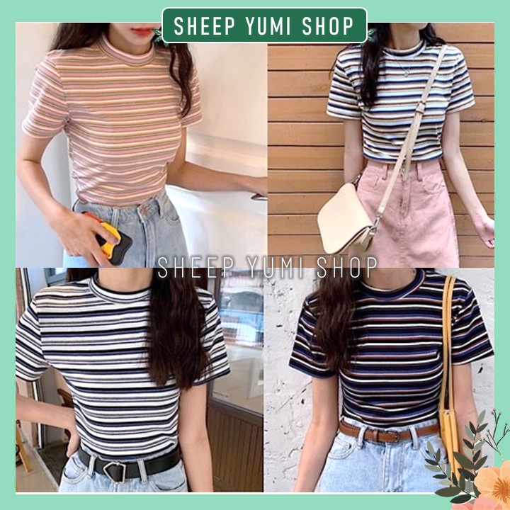 Áo thun ngắn tay sọc kẻ cổ tròn dáng ôm body nhiều màu freesize