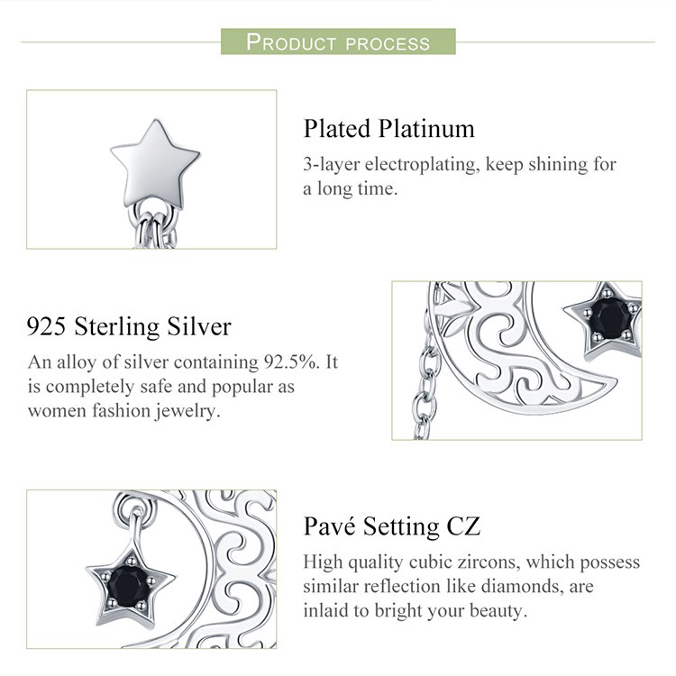 Khuyên tai Bamoer bạc 925 hình mặt trăng đính đá CZ xinh xắn