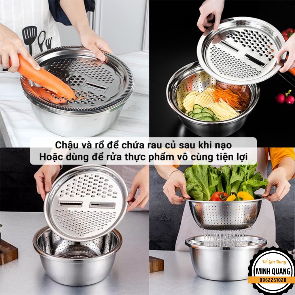 Bộ Rổ Chậu Kèm Nạo Củ Quả Đa Năng 3 in 1 Inox 304 Cao Cấp - Dụng Cụ Nạo Bào Củ Quả Tiện Lợi Nhà Bếp