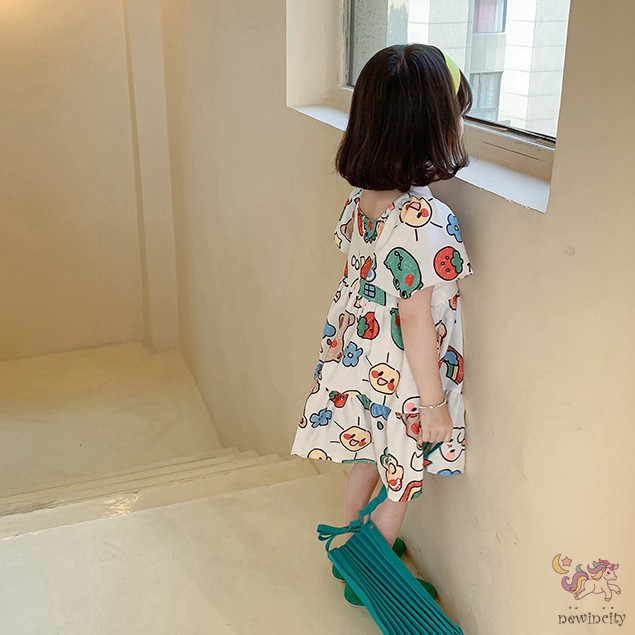 Đầm Tay Phồng Cổ Vuông In Họa Tiết Hoạt Hình Graffiti Phong Cách Hàn Quốc Cho Bé Gái