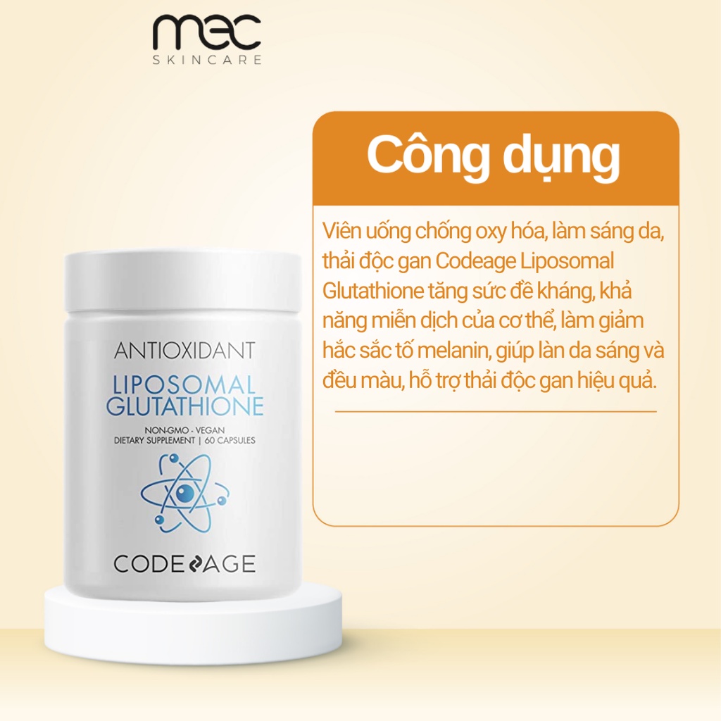 Viên uống chống oxy hóa, làm sáng da, thải độc gan Codeage Liposomal Glutathione 60v (R) (HSD: 1/25)