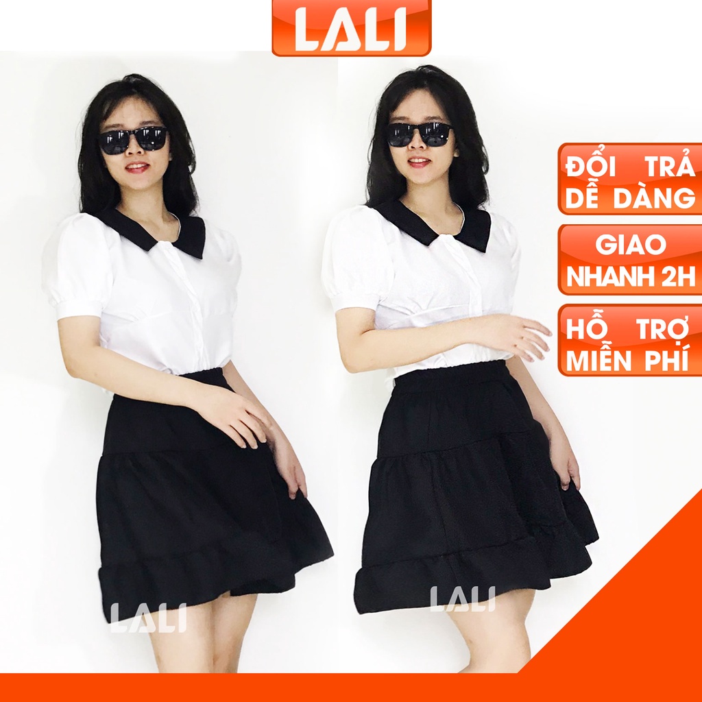 Set bộ áo trắng cổ sơ mi tay phồng váy 3 tầng lưng thun LALI