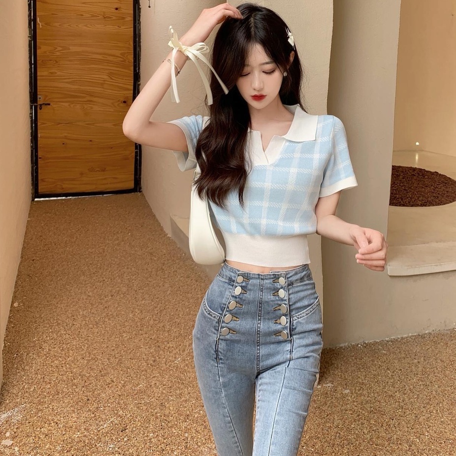 Áo thun polo ZHELIHANGFEI vải dệt kim ngắn tay lưng cao gợi cảm