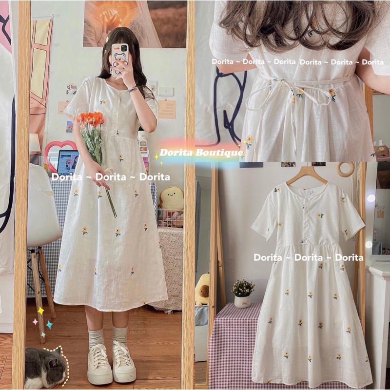 [Ảnh thật/Video] Váy babydoll hoa nhí vintage 2 lớp Dorita, Đầm babydoll hoa nhí cúc ngực - Dorita Boutique
