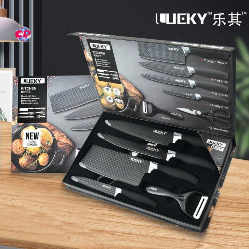 Bộ Dao Kéo Nhà Bếp Lucky 6 Món Bằng Inox Hoa Văn Kim Cương Phủ Chống Dính Siêu Bền Hàng Cao Cấp