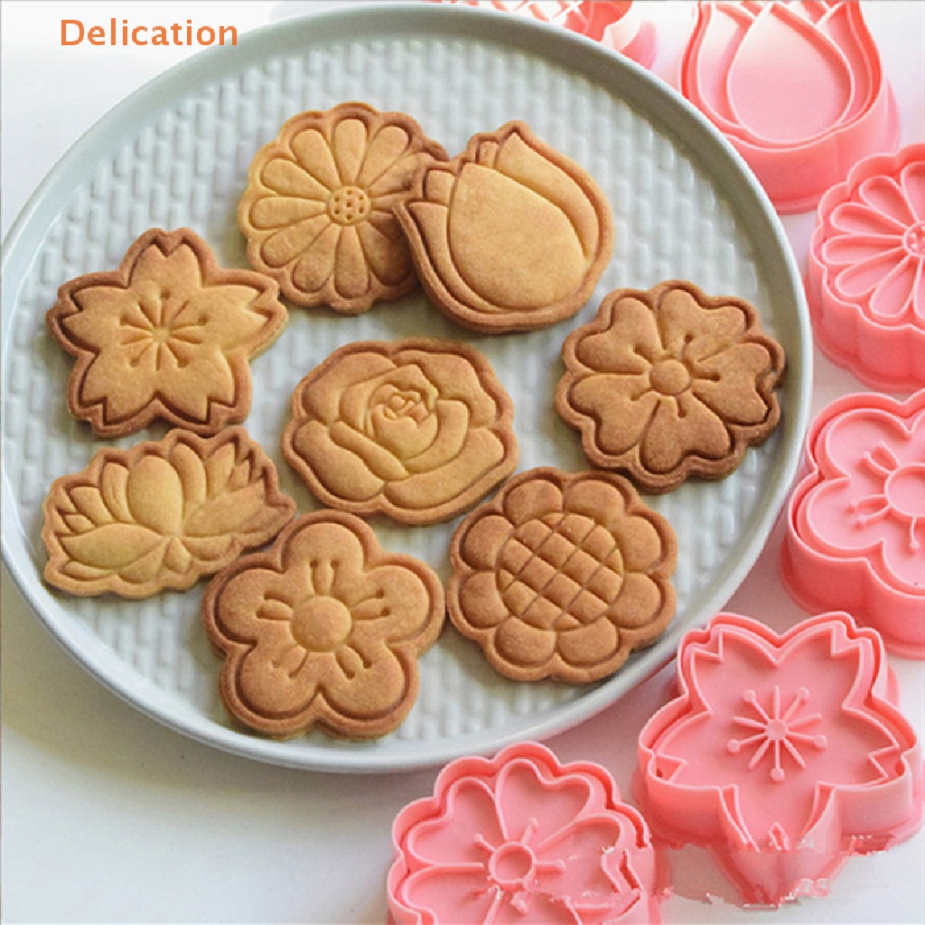 Set 8 Khuôn Nhựa Làm Bánh Quy Dạng Nhấn Hình Hoa Hoạt Hình 3D