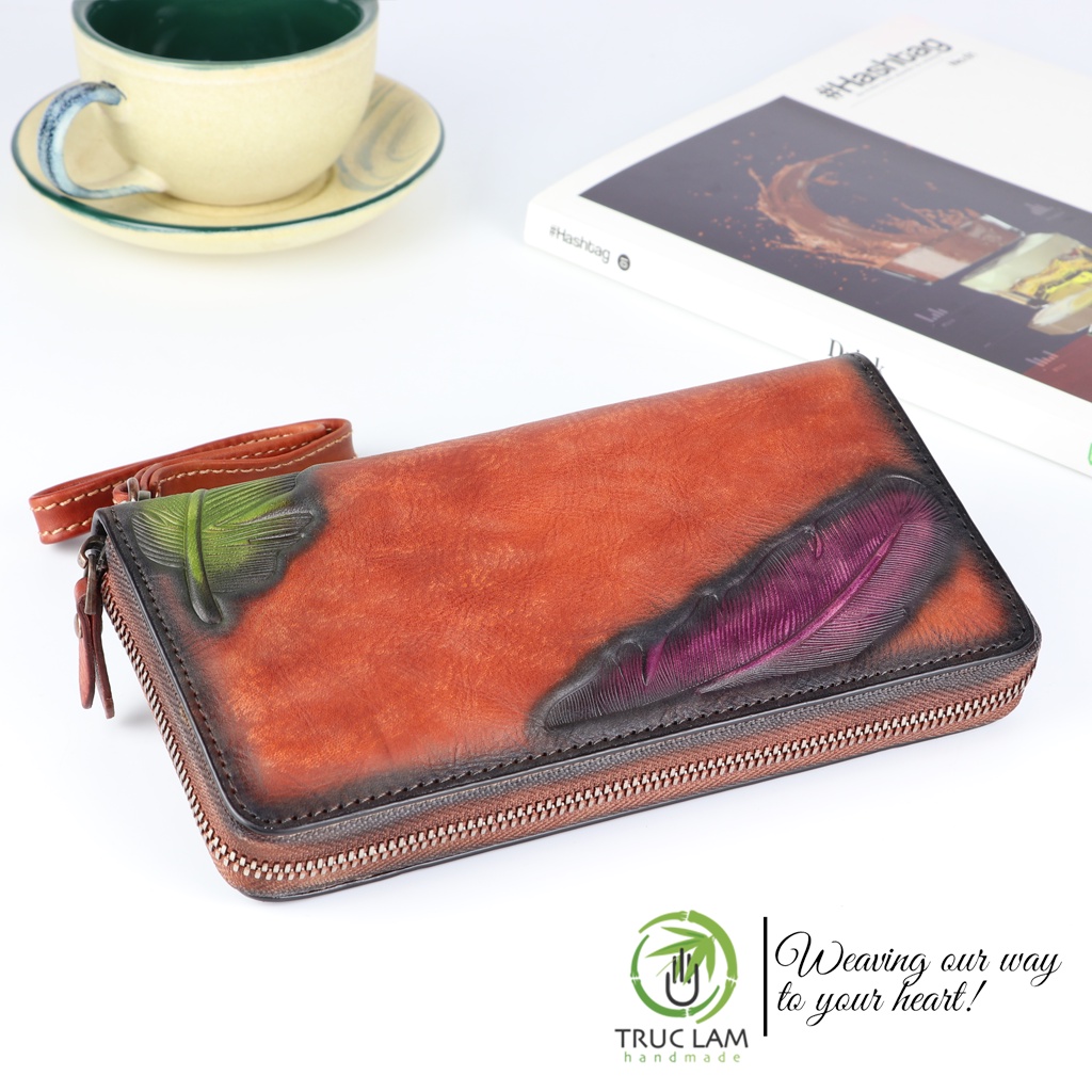 Ví Dài Cầm Tay Thời Trang Nữ Da Thật Cao Cấp Có Khóa Kéo Họa Tiết Lông Vũ – Trúc Lâm Handmade