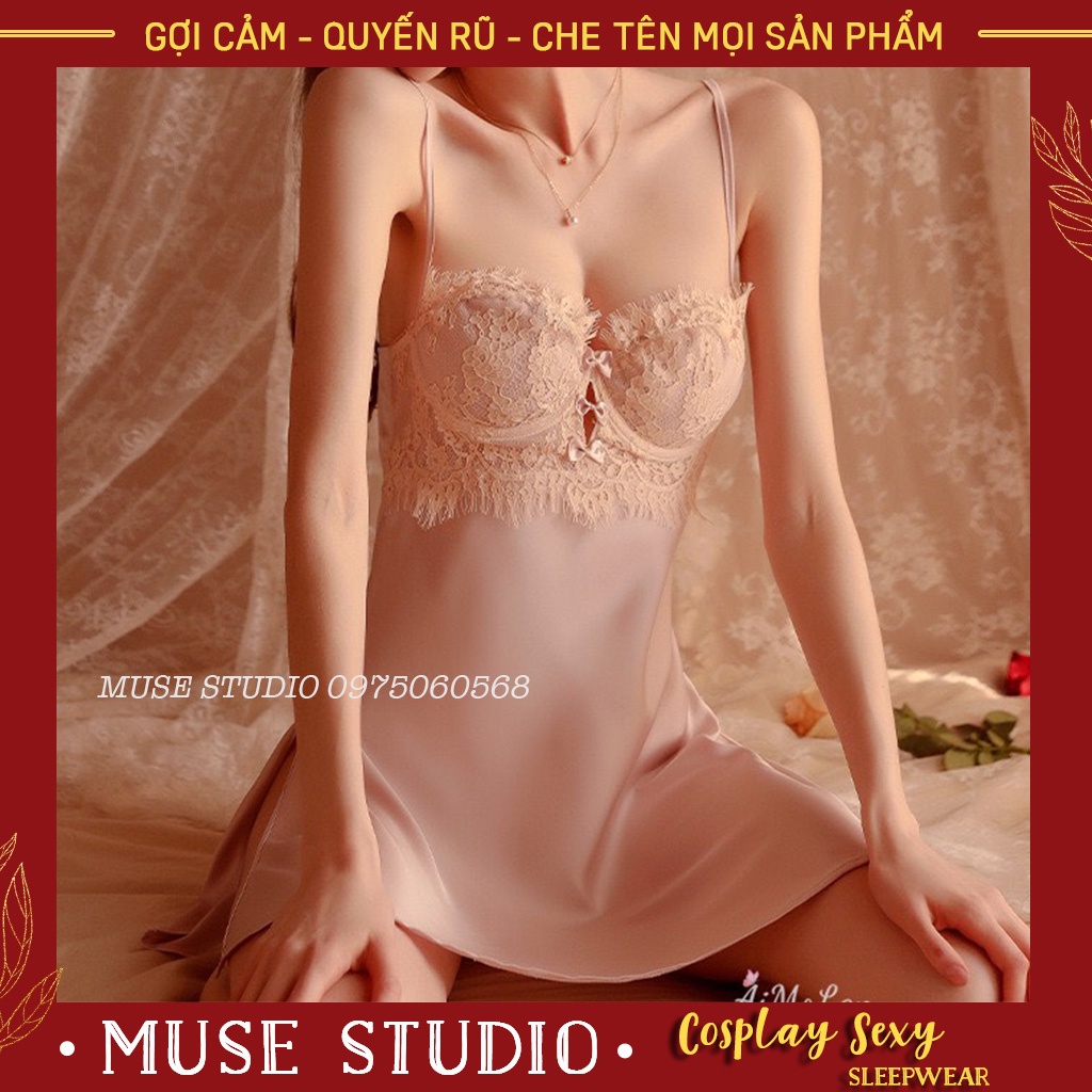 Váy ngủ sexy, đầm ngủ gợi cảm có gọng nâng ngực xẻ hai bên đùi vải satin hàng cao cấp