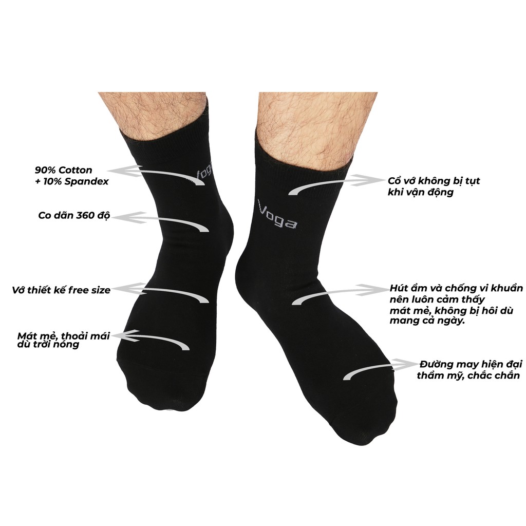 Set 3 đôi tất vớ nam Voga cổ cao sợi cotton mát mẻ, hút ẩm, khử mùi