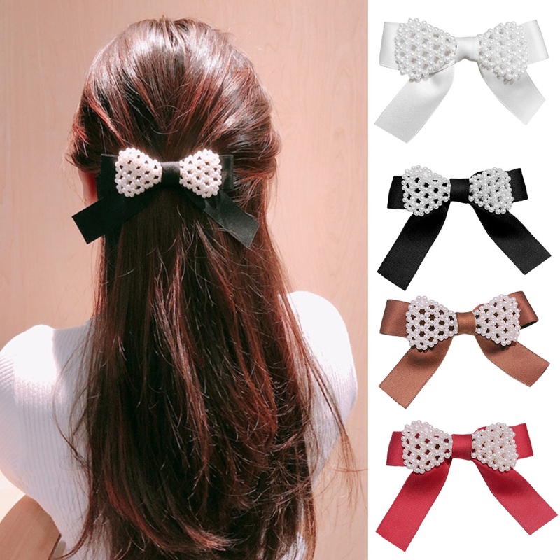 Kẹp Tóc Hình Nơ Đính Ngọc Trai Giả Phong Cách Vintage Dành Cho Nữ