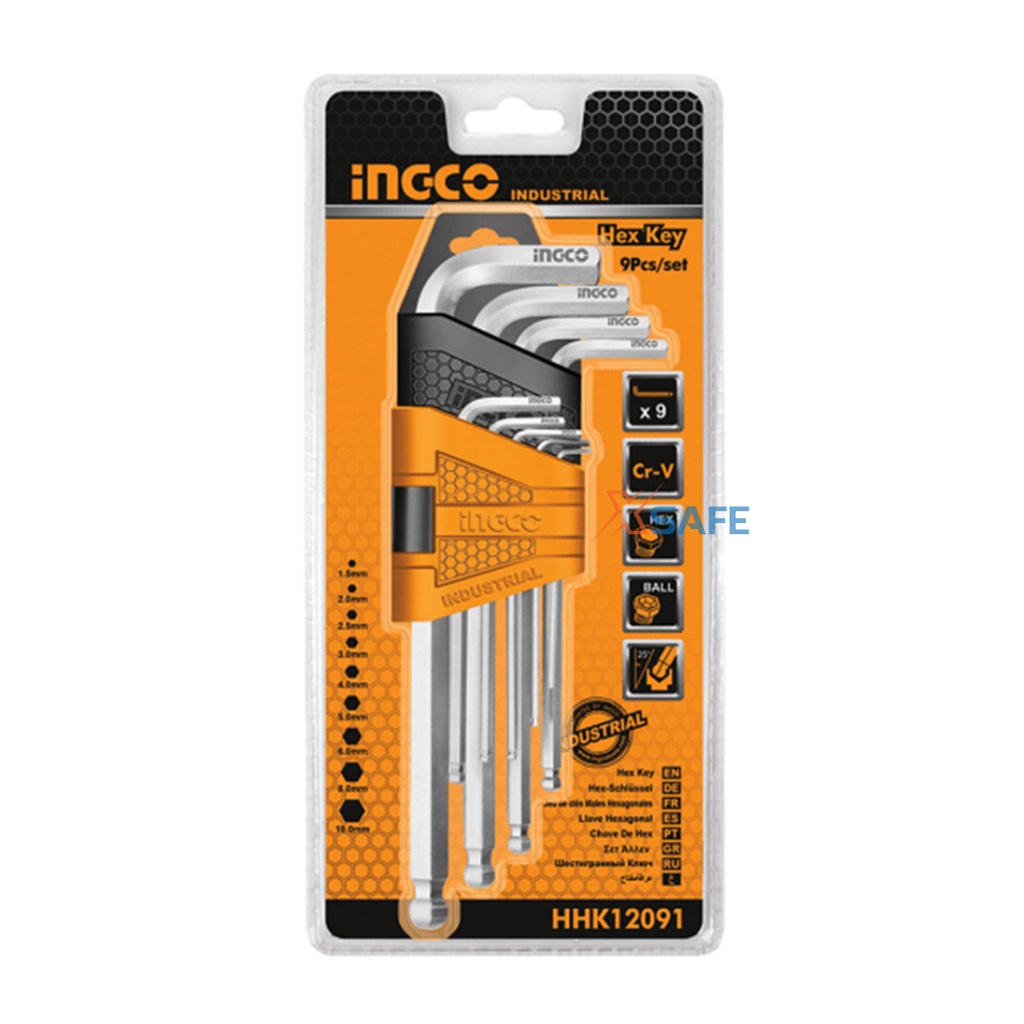 Bộ 9 chìa lục giác bi INGCO HHK12091 thiết kế nhỏ gọn Khóa lục giác Chất liệu Cr-V, Size 1.5-10mm, chịu lực chịu nhiệt