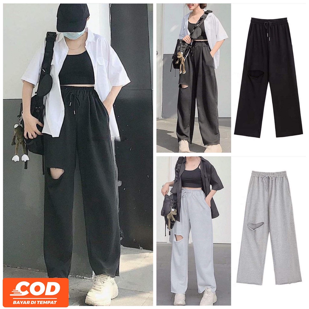 Quần Ống Rộng Cạp Chun Chất Da Cá Rách Gối Lai Tưa Siêu Hót,Quần Ống Suông Unisex Nam/Nữ Phong Cách Trẻ Trung