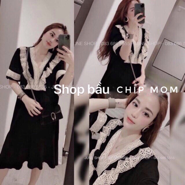 Đầm Bầu, Váy Bầu Cổ Ren Bèo Ngực Tay Lỡ - Hàng Loại 1 - Chuẩn Mềm Đẹp Ren Xịn - V04