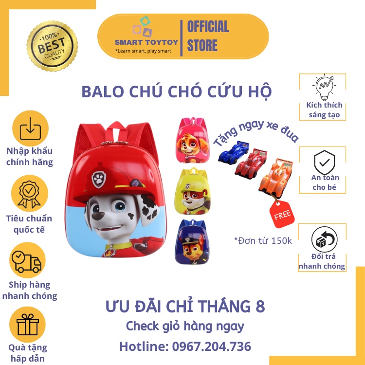Balo mầm non cho bé trai bé gái Smart Toy Toy hình chú chó cứu hộ siêu đáng yêu, hình 3D phù hợp cho bé