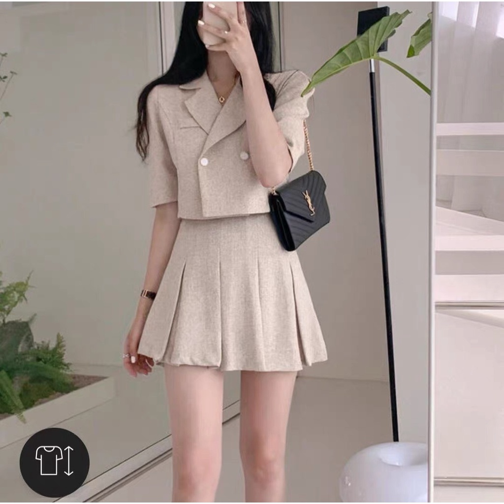 Set Dạ Tweed Áo Vest Cúc Ngọc Dáng Croptop + Chân Váy Xếp Ly Phong Cách Hàn Quốc - Hanju