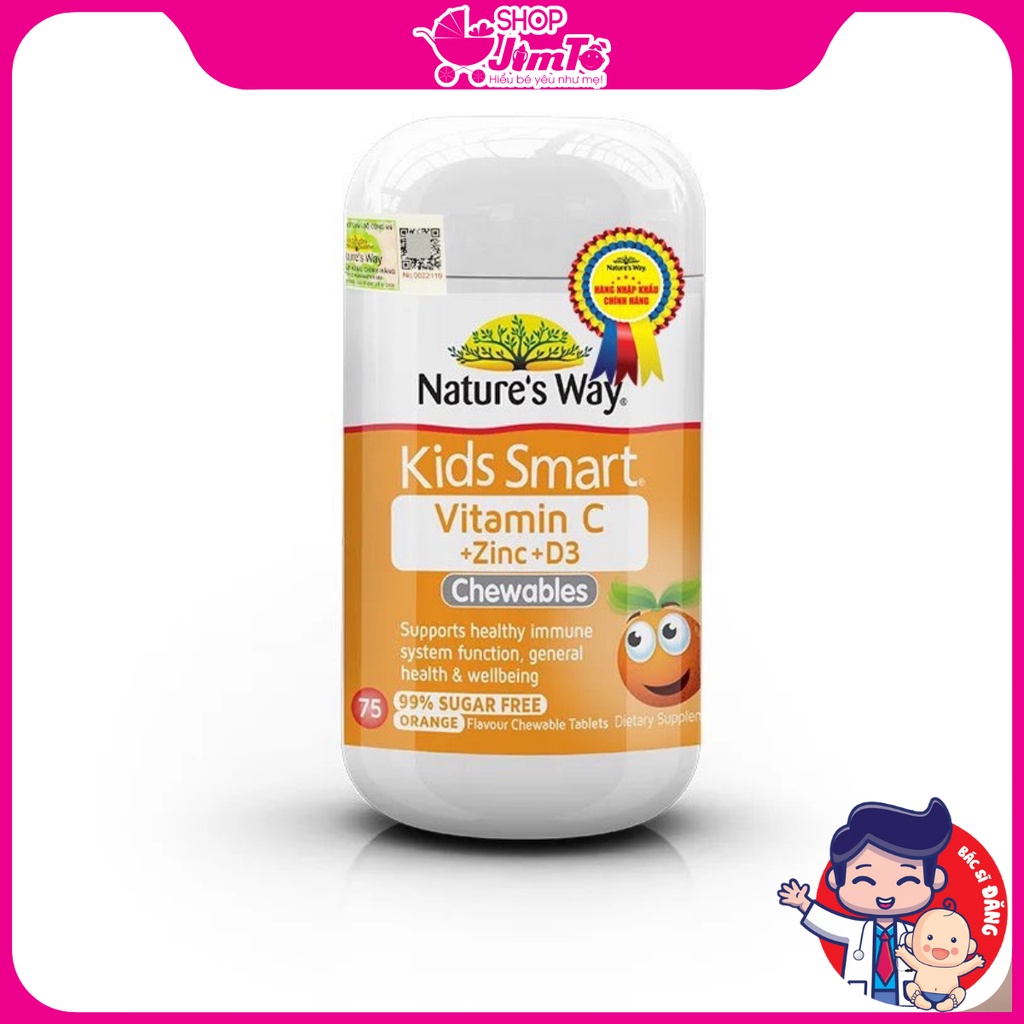 Viên Nhai Nature's Way Vitamin C, ZinC, D3 vị cam  Bổ Sung Vitamin Và Khoáng Chất Cho Bé Hộp 75 Viên