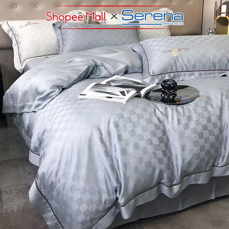 Ga giường Đẹp 5 Món Lụa Thêu SERENA Cao Cấp Bộ Combo Trần Bông Chăn Ra Grap Drap Gối Nệm Trải Phủ Giường Chính Hãng